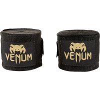 Venum wraps de boxeo en paquete, color negro con logo dorado, perfecta protección de muñeca