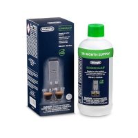 Botella de descalcificador De'Longhi Ecodecalk de 500 ml junto a la caja del producto