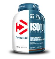 Envase de proteína en polvo ISO100 Hydrolyzed de Dymatize con sabor a chocolates gourmet.