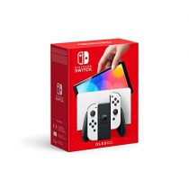 Caja del Nintendo Switch OLED mostrando la consola y los mandos Joy-Con en color blanco y negro