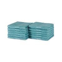 Paquete de 12 toallas faciales de algodón orgánico en color verde azulado apiladas, ideales para baño y cocina.