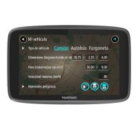 GPS TomTom mostrando especificaciones del vehículo para camiones, incluyendo dimensiones y materiales peligrosos