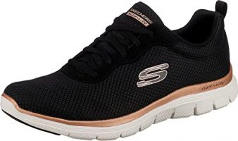 Zapatillas Skechers Flex Appeal 4.0 para mujer en color negro con detalles en oro rosa