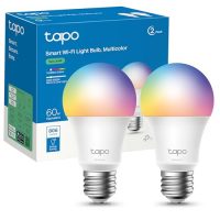 Bombilla LED inteligente Tapo L530E multicolor en paquete de 2 unidades con especificaciones de ahorro energético y control Wi-Fi