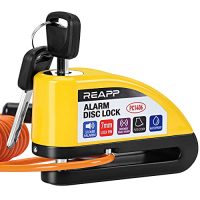Candado de disco REAPP amarillo con llaves y cable recordatorio, ideal para antirrobo de motocicletas y bicicletas