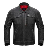 Chaqueta de moto BORLENI de denim en color negro con bolsillos y cierre frontal, ideal para motociclistas