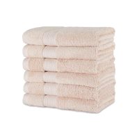Paquete de 6 toallas de mano de algodón orgánico color rosa rubor apiladas, ideales para el baño y la cocina.