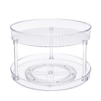 Vista superior del organizador de 2 bandejas giratorias transparente, ideal para organizar especias y condimentos.
