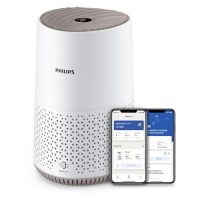 Purificador de aire Philips modelo AC0650/10 conectado a la aplicación móvil, diseñado para purificar el aire en espacios pequeños