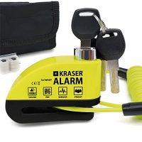 Candado de disco KRASER WA6Y en color amarillo con llaves, diseñado para proteger motocicletas, scooters y bicicletas eléctricas.