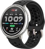 Reloj inteligente Amazfit Active 2 con pantalla AMOLED mostrando datos de pasos, distancia y frecuencia cardíaca