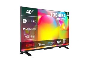 Vista frontal de la Smart TV Toshiba 40LV2463DG de 40 pulgadas, con logos de aplicaciones como Netflix, Disney+, y Prime Video, destacando su compatibilidad con Alexa y Dolby Audio.
