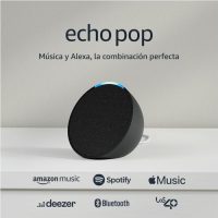 Echo Pop altavoz inteligente con Alexa, promocionando música y servicios como Amazon Music, Spotify, Deezer, Apple Music y Bluetooth