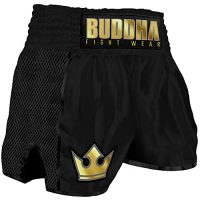 Pantalones Muay Thai Buddha Retro Premium de color negro con logo dorado, ideales para deportes de contacto como Muay Thai y Kick Boxing.