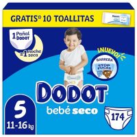 Imagen de la caja de Pañales Dodot Bebé Seco Talla 5, 11-16 kg, con 174 pañales y un paquete de 10 toallitas gratis.
