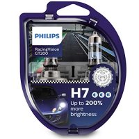 Empaquetado del producto Philips RacingVision GT200 H7 que muestra la lámpara y su rendimiento de hasta 200% más brillante