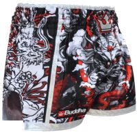 Pantalones Muay Thai Buddha Retro Premium en vista lateral, con diseño de dragón en colores negro, rojo y blanco