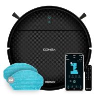 Robot aspirador Cecotec Conga 999 Map X-Treme mostrando mopas de fregado y la interfaz de control desde la aplicación móvil