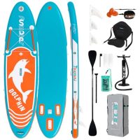 Imagen de la tabla de surf FunWater junto a sus accesorios completos como pala, bomba, mochila y aletas
