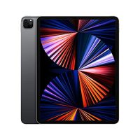 Apple iPad Pro de 12,9 pulgadas en color gris espacial con un fondo animado colorido destacando su pantalla Liquid Retina XDR.