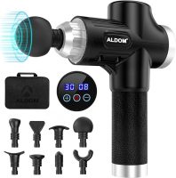 ALDOM pistola de masaje muscular ligera y ergonómica, incluye 8 cabezales de masaje y pantalla LCD para ajustar la duración y la intensidad.