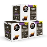 Pack de 3 cajas de cápsulas NESCAFÉ Dolce Gusto Espresso Intenso, cada una con 30 cápsulas, destacando la intensidad del café.