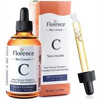 Serum facial de 60ml de Florence Bio Cosmesi con vitamina C, E y ácido hialurónico en frasco con gotero y caja de presentación