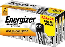 Empaque del pack de 24 pilas AAA Energizer Alkaline Power destacando su larga duración y vida útil