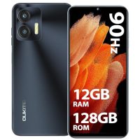 Teléfono OUKITEL C36 mostrando la parte trasera y la pantalla con especificaciones técnicas de 12GB RAM y 128GB ROM