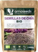 Paquete frontal de Semillas de Chía BIO de Amoseeds, mostrando nombres y beneficios del producto
