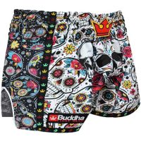Pantalones de Muay Thai Buddha Retro Premium con diseño de calaveras y flores, vista frontal